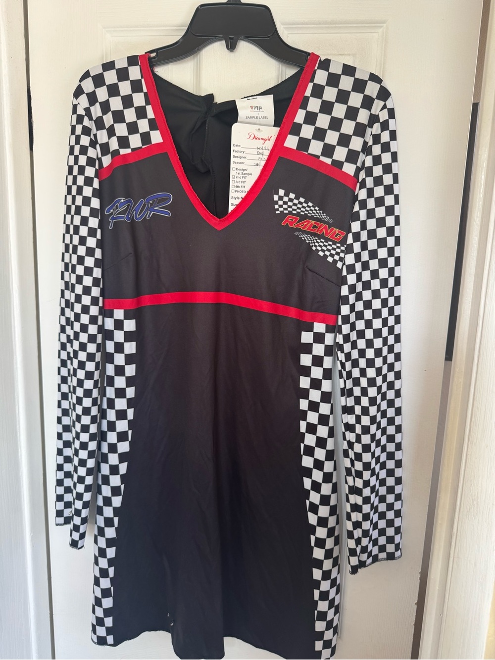 Women’s Racing-Print Long Sleeve Top - Black & White with Red Trim